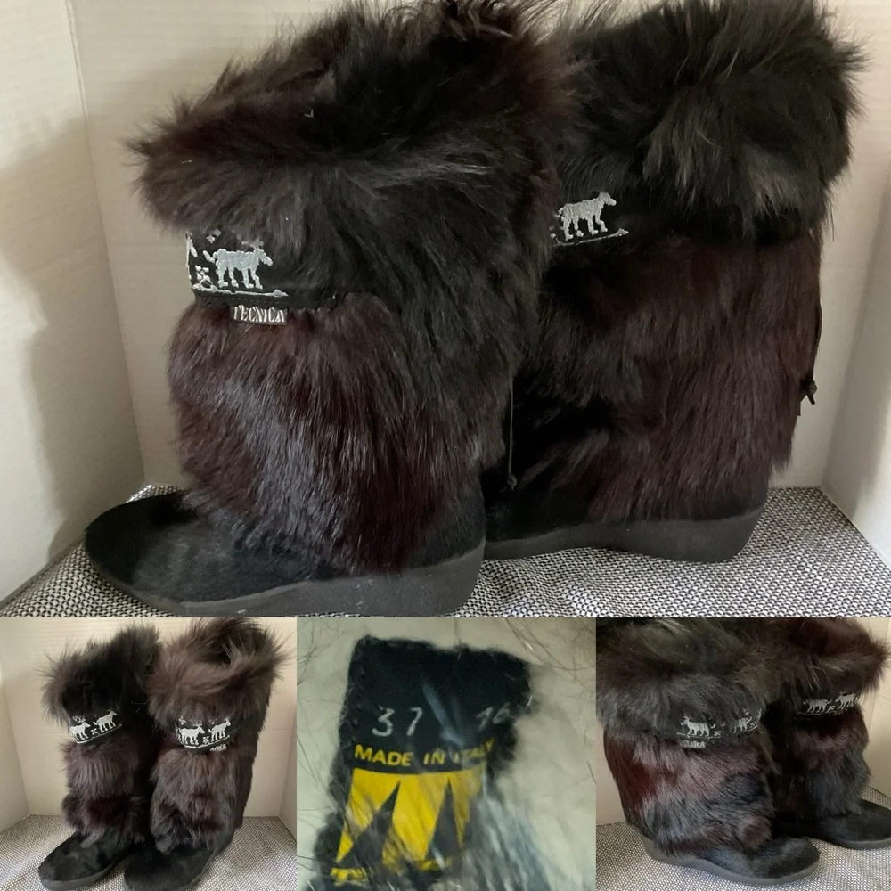 TEMARICA ITALIAN BLACK FUR SKI BOOTS WITH‎ EMBROIDERED REINDEER 37Italy/6.5 US